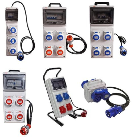 ROSI - Quadro Elettrico Industriale ASC a 32A Monofase 220V 3 Poli da Distribuzione con Cavalletto Metallico Mobile IP67 - Spina Ind. 2P+T 32A con 4 Prese Ind. 2P+T 32A Certificato Italy [2281/4+CAV]