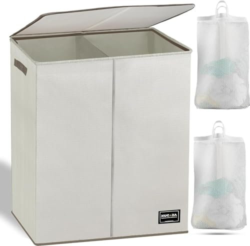 NUCAZA 145L Double Laundry Basket with Lid & Removable Laundry Bags, 2 Compartments Washing Basket for Light & Dark Clothes, Large Laundry Hamper, Collapsible Laundry Bin Storage Basket Beige