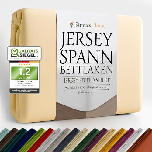 Strauss Home ® Jersey Spannbettlaken Spannbetttuch Bettlaken 100% Baumwolle 90x200-100x200 cm (Sand/Natur)