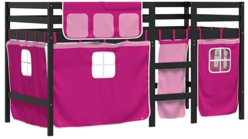 vidaXL Kinder Hochbett, Kinderbett mit Vorhängen Leiter, Spielbett Bett für Kinder ab 6 Jahren, Etagenbett Bettgestell, Rosa 80x200cm Massivholz Kiefer