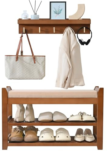 PETKABOO Shoe Rack for Front Door Entrance, 28” Entryway Bench with Coat Rack, Hall Tree Shoe Bench with Storage for Entry, Hallway, Bedroom, Living Room