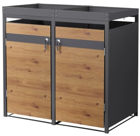 ML-Design Copribidone Doppio per Spazzatura per 2 Cestini 240L 132x80x124 cm Antracite Effetto Quercia Acciaio Contenitore per Pattumiera con Tetto a Fioriera Copri Bidone per Rifiuti 2 Sportelli