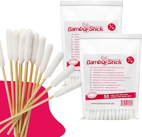BambooStick® - 2 Packungen mit 50 Wattestäbchen S/M zur Ohrenreinigung von kleinen Hunden und Katzen - Ohrenpflege für Hunde und Katzen - Einfache Anwendung - Von einem französischen Tierarzt