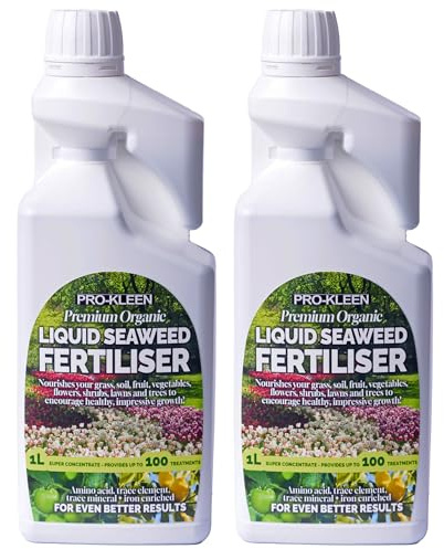 Pro-Kleen Organic Liquid Seaweed Fertiliser 2 x 1L - Ascophyllum Seaweed Extract for Grass, Vegetables, Fruit, Flowers, Shrubs, Lawns & Trees - Concentrated Formula - Provides up to 200 Treatments