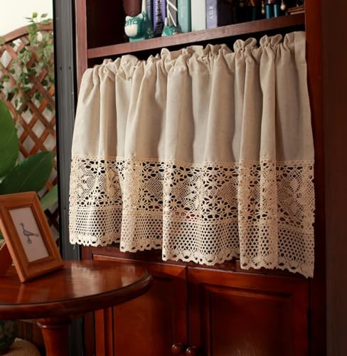 A.Monamour Cortina Cocina Ventana Puerta Corta Pequeña Rústico Beige Algodón Lino Hueco Ganchillo Encaje Semi Transparente Panel Cenefa Rustica Bistro para Dormitorio Café Baño Habitación