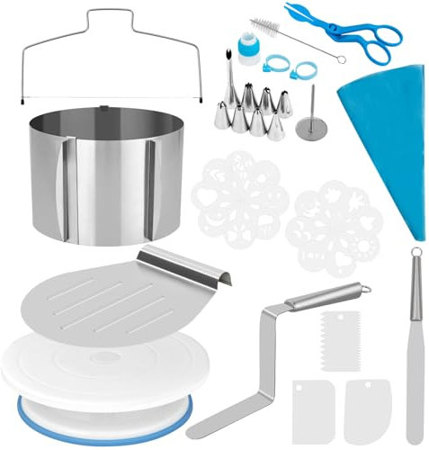 Juego de accesorios para tartas: anillo para tartas ajustable alto, pala para tartas, cortador de tartas, paleta angular, plato giratorio, espátula, manga pastelería, juego de boquillas para