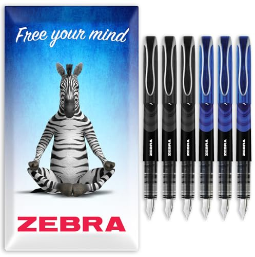 Zebra Fuente Pen - Disposable Fountain Pens - Pack of 6 - Black & Blue Ink - In Zebra Envelope Gift Packaging