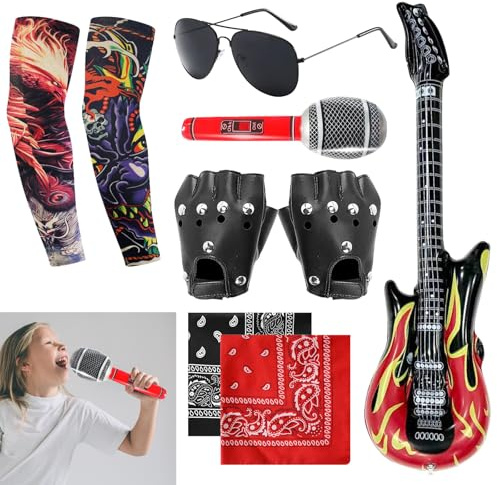 APPCXOKL Rocker Punk Kostümzubehör - Komplettes Zubehör-Set inklusive aufblasbarer Gitarre und Mikrofon - Perfekt für Rocker Outfit Herren und Punker Outfit Damen