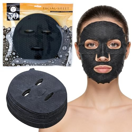 Charcoal Dry Facial Mask Sheets 50 Pcs Pore Cleansing Oil Control Hydrating Moisturizing Disposable Non-woven Fabric Face Mask for Home Salon Spa Skin Care Use 21x22cm/8.27x8.66in Elitzia