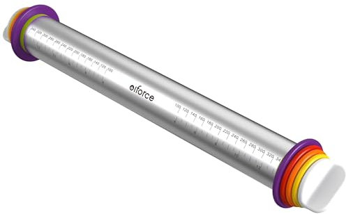Olforce Stainless Steel Rolling Pin with Removable Thickness Rings for Baking Fondant Pizza Biscuit Bread Cake Crusts Rolling Stick for Dough Thickness 34.5cm with 4 Colorful Rings