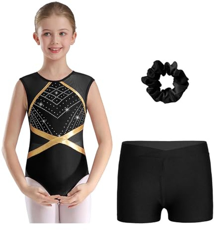 Fldy Mädchen Turnanzug Mit Kurze Hose Haarband 3er Set Kinder Gymnastikanzug Glitzer ärmellose Netz Patchwork Trikot Ballett Wettkampf Tanzkleidung A_Schwarz 134-140
