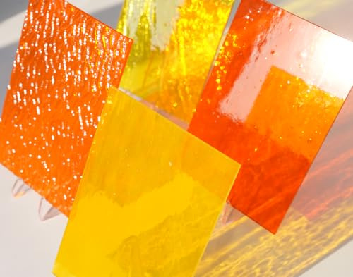 CHICSHIS 4 Bögen lebendige Buntglasplatten für Bastelarbeiten, 10,2 x 15,2 cm, farbiges, strukturiertes Kathedralenglas für Mosaik-Kunstprojekte (gelb und orange)