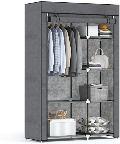 HOMCOM Kleiderschrank mit 6 Ablagen, 103 x 43 x 162,5 cm Dunkelgrau | Kleiderstange, Reißverschluss, Stoffschrank, Faltschrank, Ankleidezimmer, Schlafzimmer
