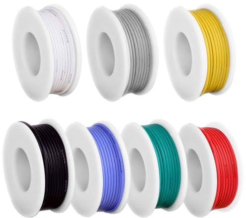 AYWFEY Filo intrecciato da 22 AWG, ogni bobina da 3 m, 22 gauge Wire Solid Core Kit di fili elettrici in rame stagnato in silicone, 7 colori (nero, bianco, rosso, giallo, blu, verde, grigio)