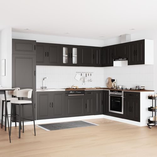 Homgoday Mobiletto da Cucina Kalmar con Doppio Lavandino Nero in Legno Ingegnerizzato, Credenza Armadio da Cucina, Mobiletto Portaoggetti Salvaspazio Mobiletto Armadio di Stoccaggio