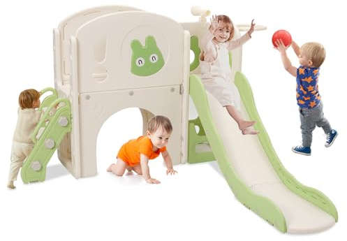 Toboggan pour enfants avec cadre d'escalade, toboggan pour enfants 6 en 1 avec télescope, panier de basket, plateforme de marche, aire de jeux pour enfants, longueur du toboggan 160 cm (vert)