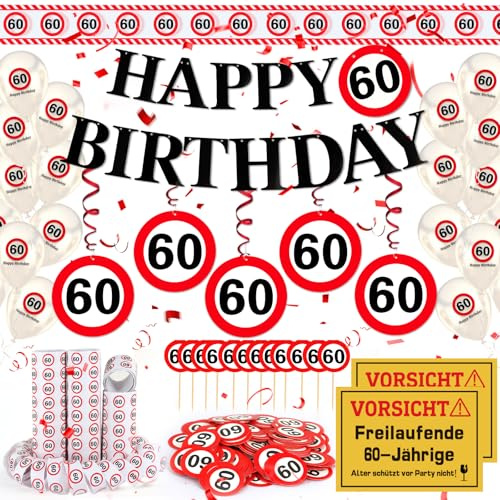 WenmthG 60 Geburtstag Deko Männer Frauen, Verkehrsschild zum 60 Jahre | 60. Geburtstag Deko mit Girlande, Luftballons, Absperrband, Luftschlangen, Banner, Konfetti, Tortendeko - 60. Geburtstagsdeko