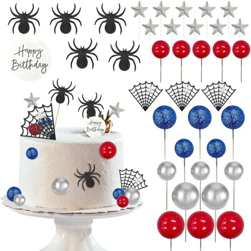 KIPTVO 37PCS Spider Cake Topper, Topper Decoration Spider Web Star Balls Cake Pick, Topper Spider Web Cake Decorations Spiders Theme Cake Decor Glitter Birthday Cake Toppers, Cake Decorations for Boys