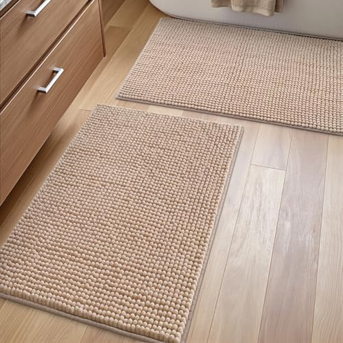 DEXI Badezimmerteppich Set 2 Teilig, weicher Badematte aus Chenille Saugfähig, rutschfest waschbar Badematten & Badteppiche für Dusche, Badezimmer, Waschküche, 50 x 80 cm + 50 x 80 cm, Beige