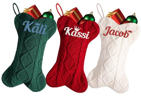 Lustige Weihnachtsstrümpfe zum Selbermachen, personalisierbar, 41,5 cm, gestrickt, bestickt, Namen, Familie, gestrickt, Knochen, Weihnachtsstrumpf mit Namen für Weihnachten, hängende Dekoration