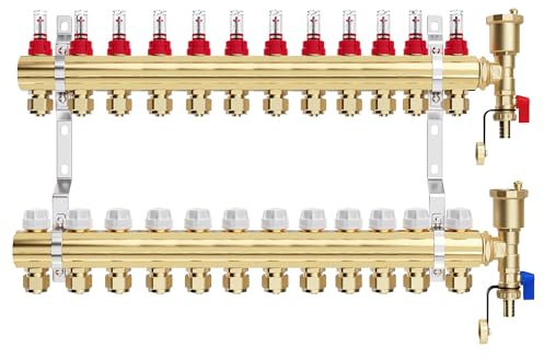 VANCOCO Heizkreisverteiler Messing 12 Heizkreise Fußbodenheizung | Verteiler mit Eurokonus 16×2 mm, Durchflussmesser & Schnellentlüfter Set