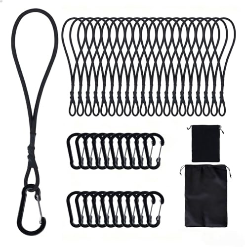 VirtuGro 20 Pack Bungee Cords with Carabiner Clips, 20cm/7.8 Inch Small Bungee Cords with Clips, Black Elastic Straps with Carabiner Hooks for Roof Racks, Camping, Luggage, Tarp, Tents, Canopy