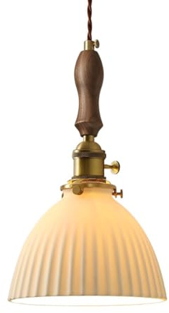 Lampada a Sospensione Interni Lampadario in Vetro Opalino Scanalato Vintage in Legno E Ottone Altezza Regolabile Stile Rustico Moderno per Cucina Sala da Pranzo Camera da Letto (17 Cm) Luce Pende