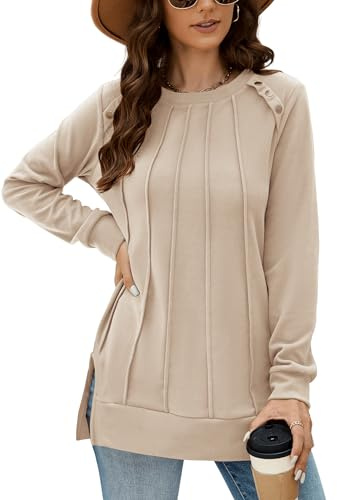 Odosalii Jumpers for Women UK Ladies Crewneck Sweatshirts Long Sleeve Tops Fall Side Split Khaki Sweaters Autumn Clothes Beige Size 6-8