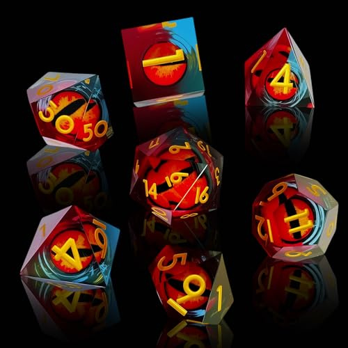 Set med 7 DND Dragon Eye-tärningar, för fängelsehålor och drakar, med presentförpackning - perfekt för rollspel (blå-röd)