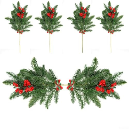 6 rami di pino artificiale per decorazioni natalizie con bacche di agrifoglio rosse finte steli per ghirlande di alberi