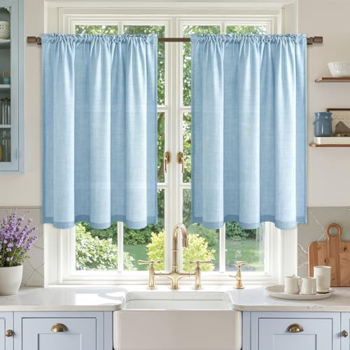 MRTREES Scheibengardinen Blau Leinenoptik Halbtransparent, Küchengardinen Modern Fenstergardinen für Küche Küchenfenster Wohnzimmer Landhausstil, Bistrogardine 2er Set H 120 x B 60 cm