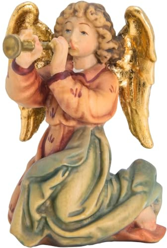Dolfi | Angelo con tromba in legno 14 cm | Legno Dipinto a Mano in Val Gardena | Presepe e Natività