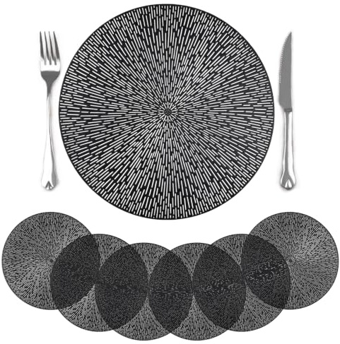 comfoyar Round Black Placemats Set of 6, 15 Inch Vinyl Metallic Pressed Hollow Out Firework Shape Place Mats, Waterproof Wipeable Oil Proof Table Mats for Kitchen Dining Party Table Decoration