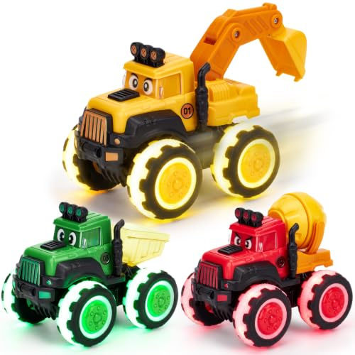 hahaland 3 Pack LED Pull-Back Monster Construction Truck Toys for 2-4 Boy | Excavator, Cement Mixer, Dump Truck With Moving parts, Truck sounds, Oversized LED wheels, Christmas Gift for Toddlers