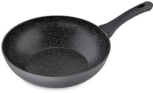Linnuo Wok Pfanne 28 cm, Antihaft beschichtete Pfanne, Marmor Granit Optik, Wokpfanne für alle Herden geeignet (bedingt induktionsgeeignet)