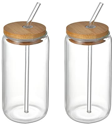 SMLJFO Trinkgläser mit Bambusdeckel und Glasstrohhalm, 580 ml, 2 Stück, Dosenform, Glas-Set, Eiskaffee-Gläser für Zuhause, Party, Cocktail, Whiskey, Wein