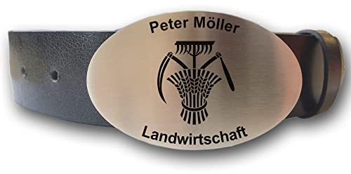 elbedruck Ledergürtel mit ovaler Gürtelschnalle Zunftwappen Landwirt und Wunschgravur personalisiert Dein Text Name Geschenkbox Bauer Zunftzeichen