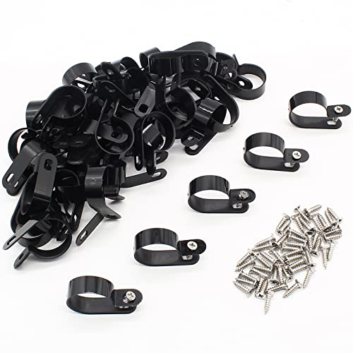 Coufce 50Pcs 1 Inch R-Type Cable Clip, P-Style Mounting Clips, Nylon Cable Clip Wire Clamp, Rope Light Screw Mounting Fastener Clips with Pan Head Phillips Screws for Cable Management(Black)