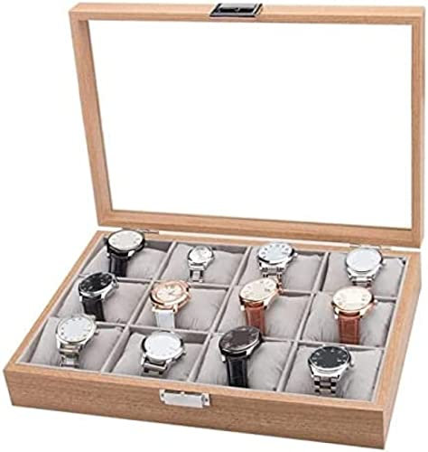 Uhrenbox, Uhrenetui, Uhrenrolle, Uhren, Display, Aufbewahrung, Organizer, Modernes Holz, 12 Fächer, Einfache Luxus-Uhrenbox, Aufbewahrung Mit Durchsichtiger Oberseite,Natürlich,35,5 X 25,5 X 7,5 Cm