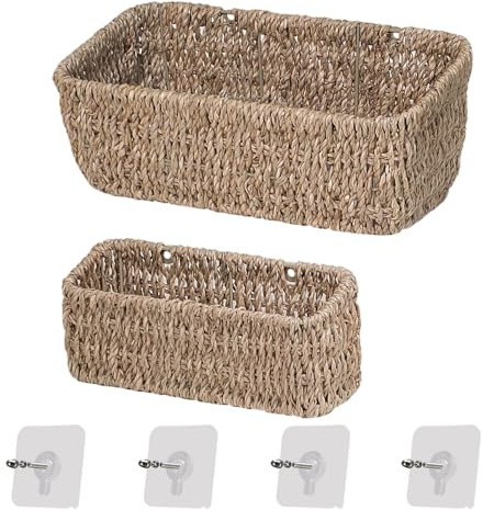 Ellinia Woven Hanging Wall Basket for Storage, Seagrass Woven Wall Mount Organizer Baskets, Wicker Wall Shelves for Mail Storage, Remote Control Holder, Toilet Tank Basket, Set of 2