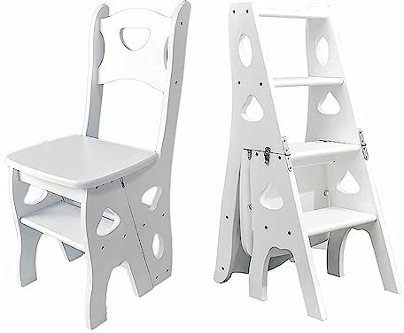 KOSTING Wooden Folding Library Ladder Chair with Seat, Lightweight Portable Ladder Shelf, Multifunctional Step Stool, 4 Step Stepladders Display Stand for Office Home Kitchen (Color : white)