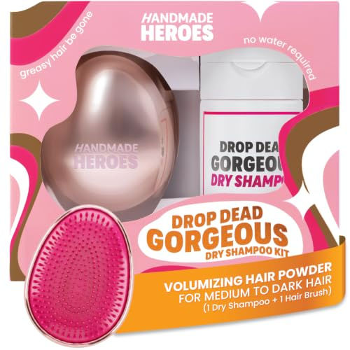 Handmade Heroes Kit shampoo secco e pennello, shampoo secco volumizzante non aerosol in polvere per capelli scuri e castani, 100% naturale e vegano, imballaggio neutro in plastica