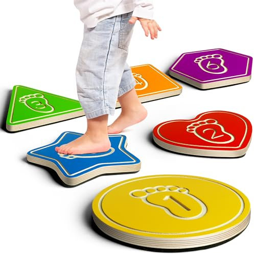 Billeeit Wooden Stepping Stones, Multi-Shape and Colored Stepping Stones for Kids 3 4 5 6 7 and Toddler Indoor Activity, Balance Sensory Wood Montessori Toys(6Pcs with Game Manual)