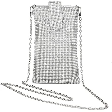 Zercart Mini Evening Handbags Sparkly Rhinestone Purses - Cellphone Crossbody Bag, Cocktail Wedding Engagement Bag Women Metal Mesh Crossbodybag For Prom Bridal Night Wedding Daily Shopping
