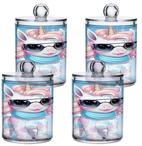 GAIREG 4 Pack Qtip Holder Dispenser Cartoon Unicorn and Snowflakes Apothecary Jars Bathroom Storage