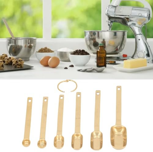 Stainless Steel Magnetic Measuring Spoons Set, 6PCS Measuring Spoons, Clear Marking Measuring Spoons, Metal Rectangle Measuring Spoons with Buckle for Kitchen Cooking(Gold)