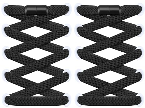 RJ-Sport 2 Paar flache Schnürsenkel ohne Binden - Elastische Schnürsenkel mit Schnellverschluss - Schnellschnürsystem für Einzigartigen Komfort und Starken Halt - mit Metallkapseln (Schwarz)