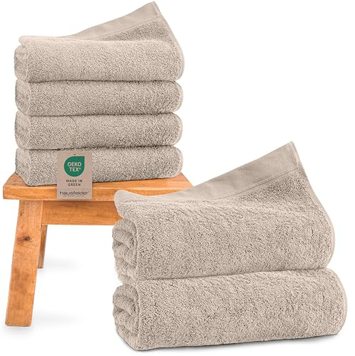 Hausfelder Handtuchset 6 teilig Frottee Beige - 100% Baumwolle 500g/m² - 2 Badetücher 70x140 cm + 4 Handtücher 50x100 cm mit Aufhängschlaufen