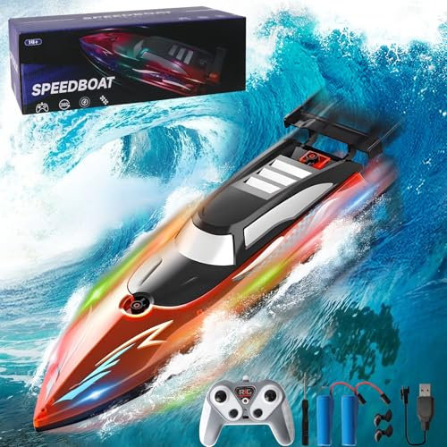 Zhwidnerso Ferngesteuertes Boot mit LED-Licht, 2,4-GHz Rennboote mit 2 Batterien, Nie-Kentern Boot Ferngesteuert, 15km/H Speedboot, Rennboot Geeignet für Kinder, Erwachsene, Seen, Poolspielzeug