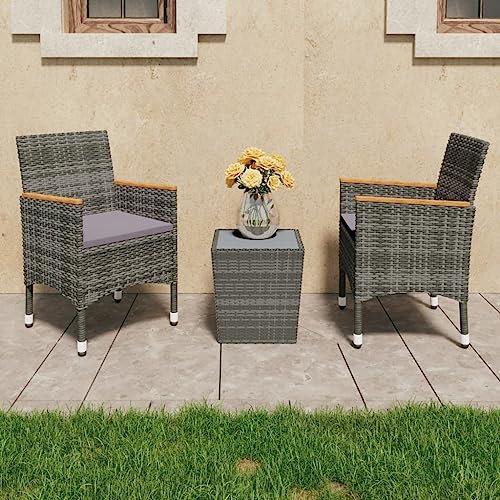 KTHLBRH 3-TLG. Bistro-Set Poly Rattan und Hartglas Grau Balkonmöbel-Sets Outdoor-Möbel-Sets Gartenmöbel-Sets Terrassenmöbel-Sets für Terrasse, Garten, Balkon